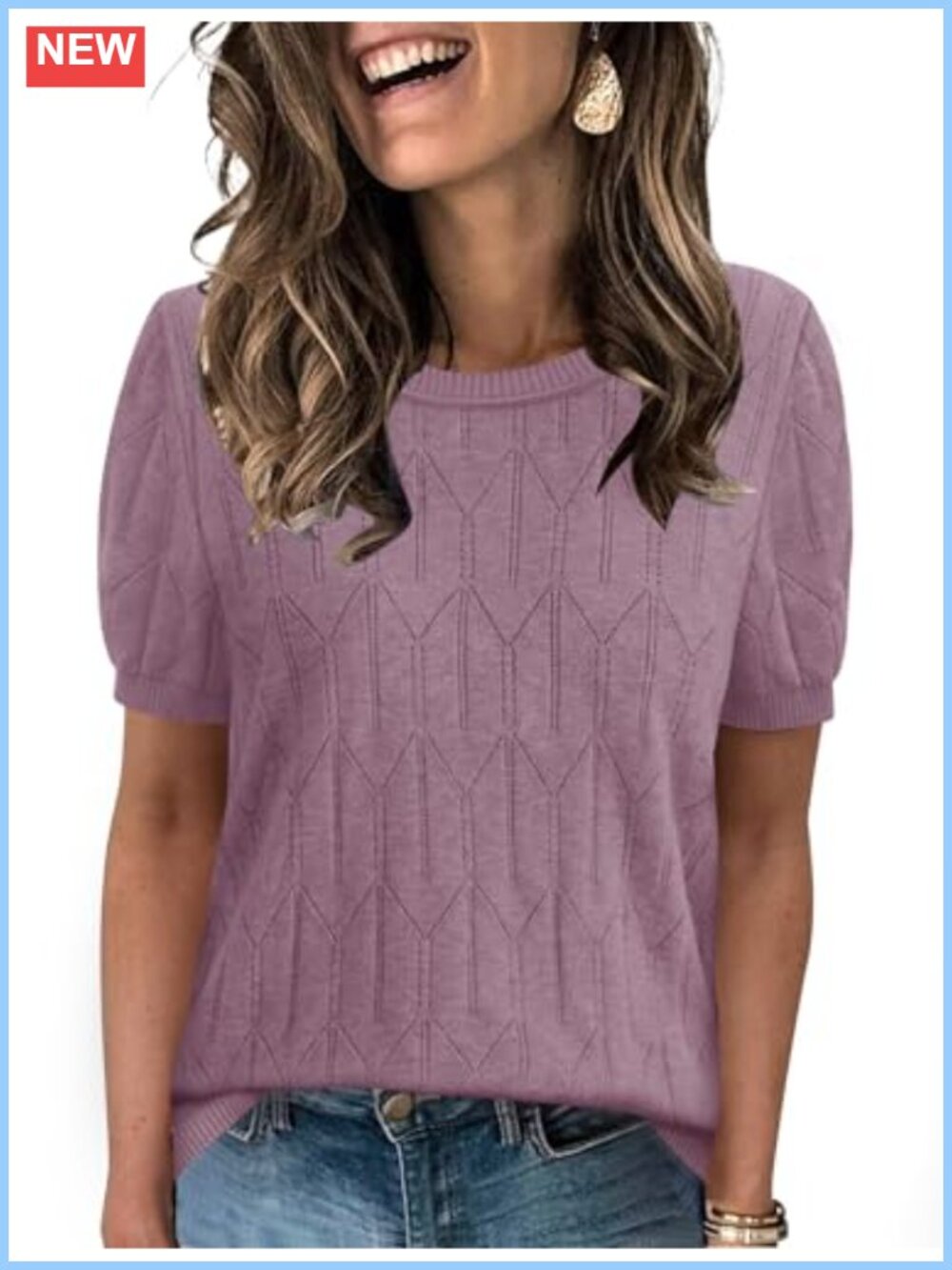 Short Sleeve Knit Sweater Pullover Round Neck Ribbed Hem Work Top
